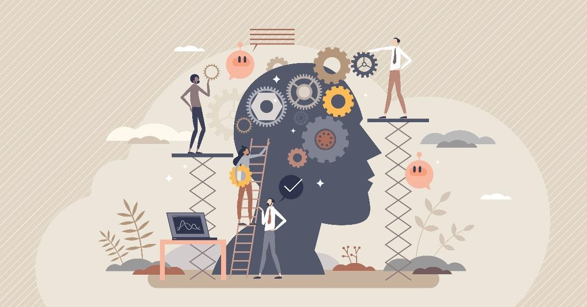 dibujo de cabeza con varias personas trabajando en ella con herramientas